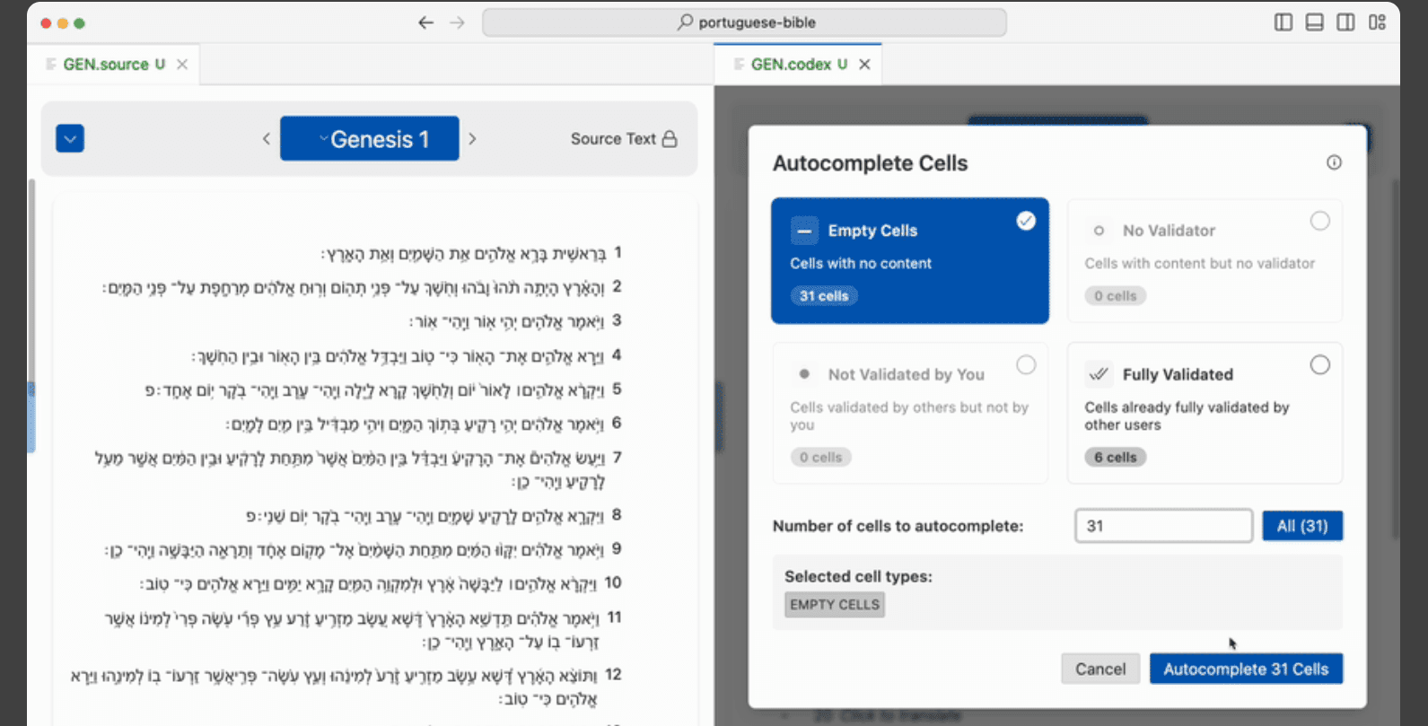 Codex Translation Editor window